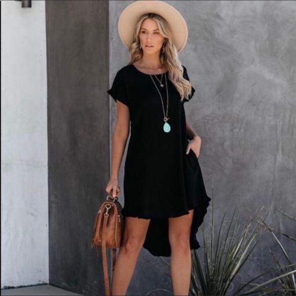 Umgee Dresses & Skirts - Umgee, Linen Cotton Blend, Frayed Detail, High Low Hemline, Short Sleeve Dress